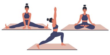 Genç kadınlar yoga yapıyor, spor yapıyor, yoga minderinde geriniyor. Lotus pozisyonunda oturan spor giysili güzel kızlar. Pilates, meditasyon, ağ, uygulama, sağlıklı yaşam tarzı, çevrimiçi eğitim için vektör düz illüstrasyon