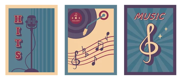 Retro Muziek Poster Set Van Vintage Achtergrond Met Muzikale Schijf — Stockvector