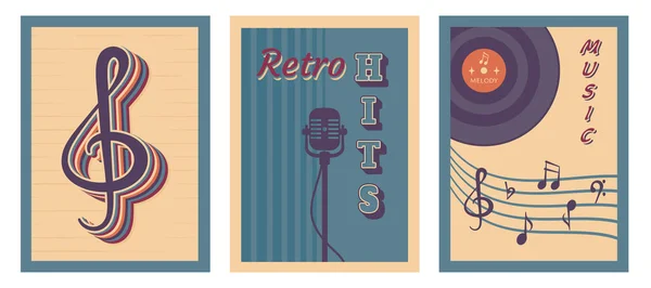 Set Retro Music Poster Vintage Background Musical Disc Microphone Notes — Stock Vector