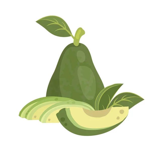 Yapraklı Avokado Seti Etli Avokado Dilimi Olgun Avokado Meyvesi Sağlıklı — Stok Vektör