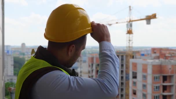 Close Portrait Caucasian Professional Male Builder Uniform Standing Construction Site — Stock video