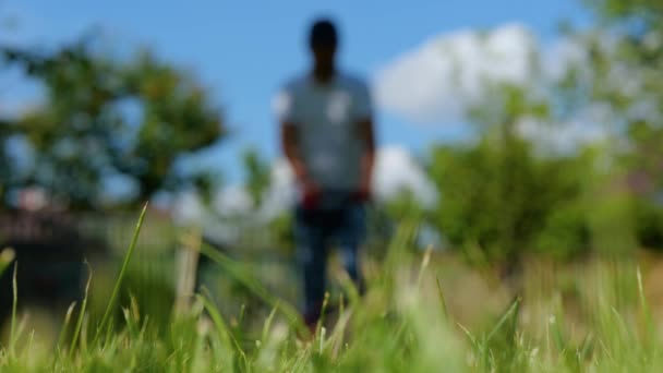 Giardiniere Uomo Falciare Prato Con Tosaerba Vicino Casa Erba Verde — Video Stock