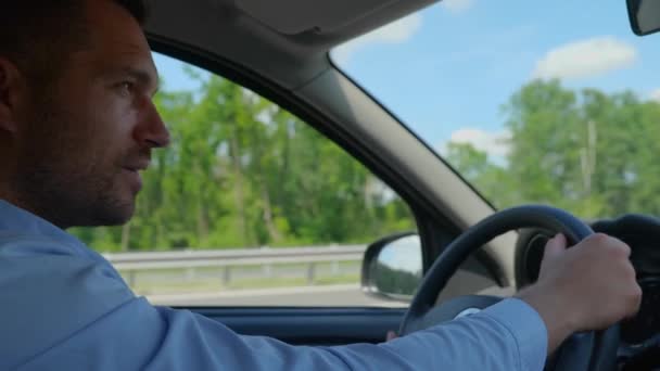 Close Shot Caucasian Happy Young Man Shirt Driving Car Looking — Video