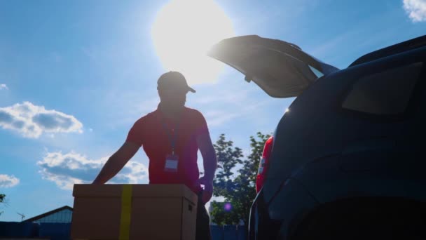 Handsome Caucasian Guy Cap Working Delivery Service Pulls Out Boxes — Stockvideo