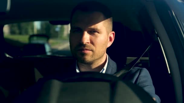 Close Caucasian Handsome Man Sitting Car Driving Young Businessman Suit — Video