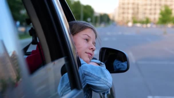 Close Caucasian Teen Kid Enjoys Looking Outdoor City Street Pulls — Video