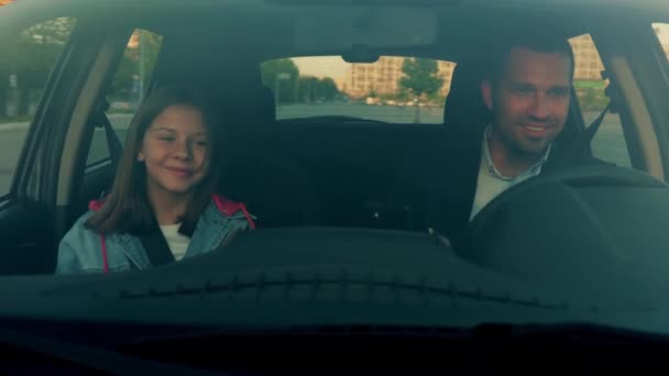 Close Happy Caucasian Handsome Man Driving Car Little Cute Girl — Video Stock