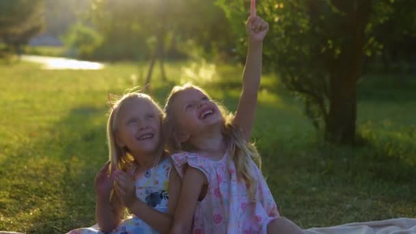 Close Joyful Caucasian Little Girls Sitting Blanket Park Looking Amazed — стокове відео