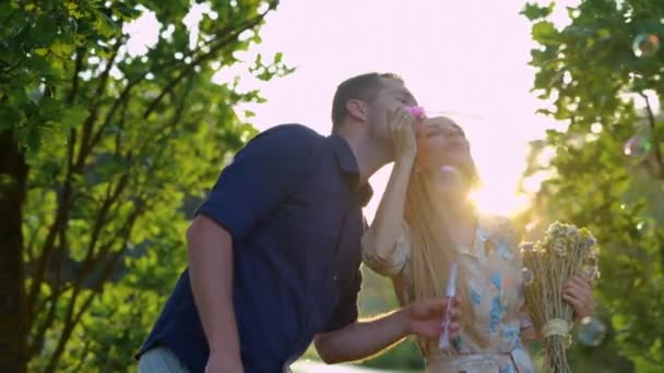 Portrait Caucasian Young Happy Couple Having Fun Together Nature Blowing — Video