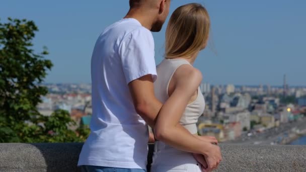 Close Rear Young Caucasian Happy Couple Love Man Woman Hugging — Stockvideo