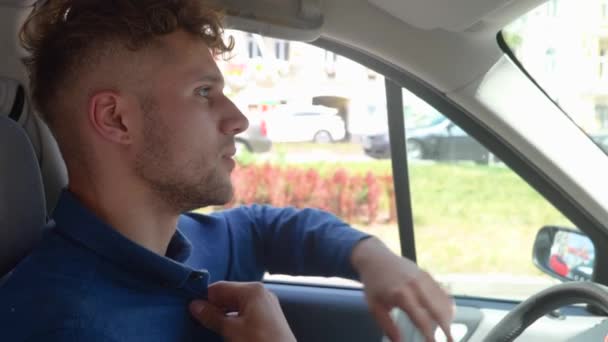 Close Caucasian Handsome Unhappy Male Driver Sitting Car His Hands — Video