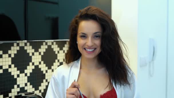 Caucasian Happy Beautiful Sexy Housewife Red Hot Lingerie White Robe — Stock Video © nataliya281168@gmail #609645824