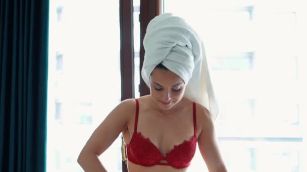 Beautiful Young Sexy Housewife Red Lingerie Ironing Clothes Ironing Board — Stock Video