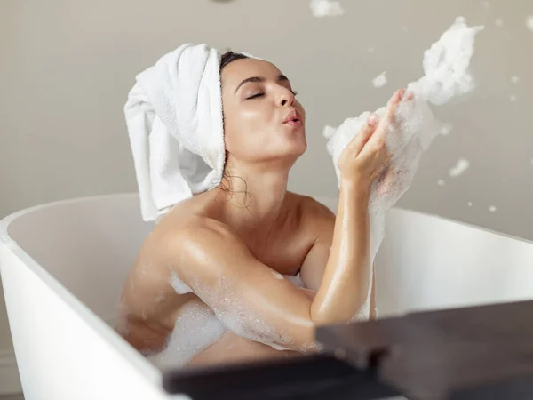 Caucasian Cheerful Woman Sitting Bathtub Naked Towel Head Playing Soap — Stock Photo, Image