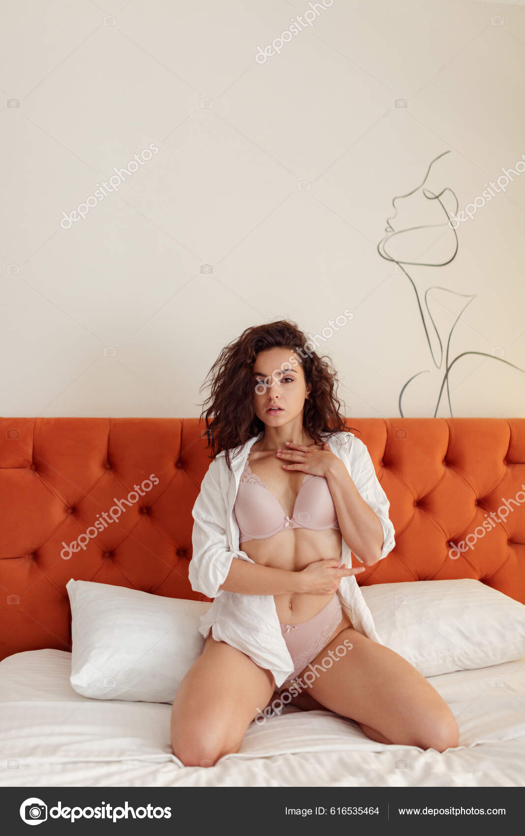 Beautiful Young Seductive Housewife Lingerie White Shirt Sitting Bed Home Stock Photo by ©nataliya281168@gmail 616535464 pic