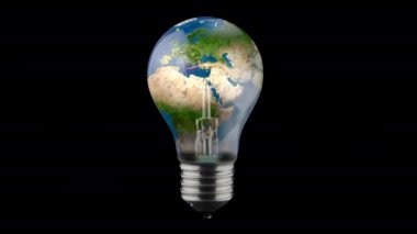 İçinde Dünya Haritası olan 3D Canlandırılmış Ampul. Alfa Kanalı.