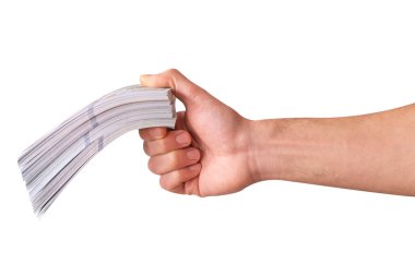 El çabukluğu, beyaz arka planda izole edilmiş para verme, dolar banknotları, kopyalama alanı, finansal konsept, büyük miktarda borç para, kişinin eliyle sunulan para