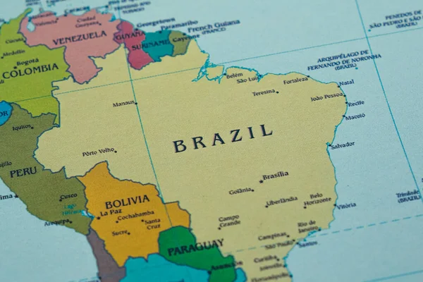 地图上的巴西国家和地点 地图上的巴西宏观图景和特写 旅行构想 度假概念 巴西文化 拉丁美洲目的地 顶级视图 — 图库照片