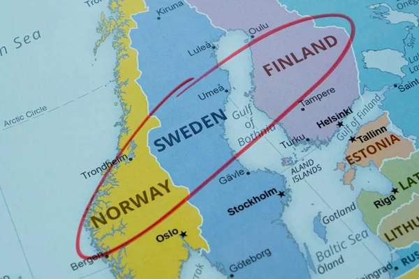 Scandinavian countries and Nordic region on map marked with a pen, Norway Sweden Finland travel route on map with red pen, travel idea, vacation and road trip concept, north europe destination