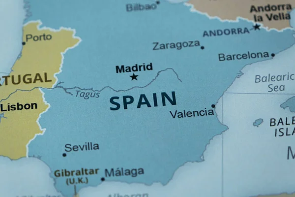 Spain country and location on map, macro shot and close-up of Spain on map, travel idea, vacation concept, Spanish culture, South Europe destination, top view