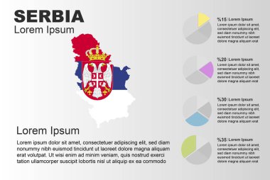 Sırbistan Infographic genel kullanım şablonu pasta grafiği, kopyalama alanı istatistik fikri, Sırbistan 'ın grafik, sunum fikri, veri için boş alan grafiği ve gri arkaplan içeren ülke bayrağı haritası