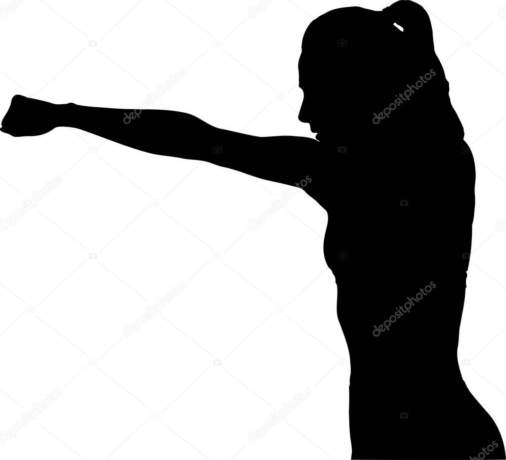 Female boxer punching the air chalk effect vector silhouette, girl child and martial arts concept, profile silhouette, isolated on chalkboard, Fighting and boxing