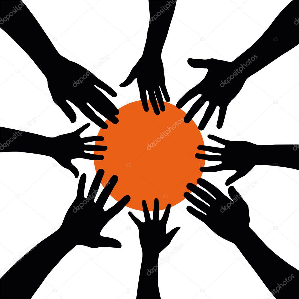 Group of people gathering hands with orange circle in the center as sun, vector silhouette, with copy space, concept of friendship, team, together and diversity, top view hand gathering silhouette