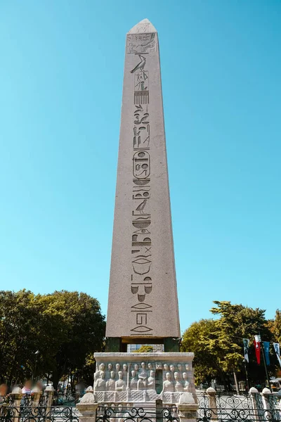 Obelisk of Theodosius wide angle, Istanbul, Sultanahmet square, open blue sky, Turkey historical obelisk, antic Egyptian historical artifacts, Istanbul tourist attraction