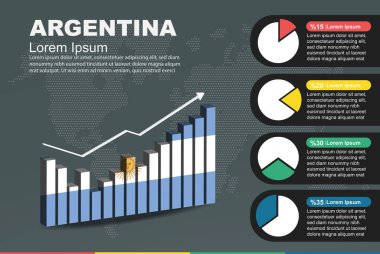 Arjantin bilgi tablosu 3D bar ve pasta grafiği, artan değerler, Arjantin bayrağı 3D bar grafiğinde, inişler ve çıkışlar, sunum grafik fikri, gelişmekte olan ülke