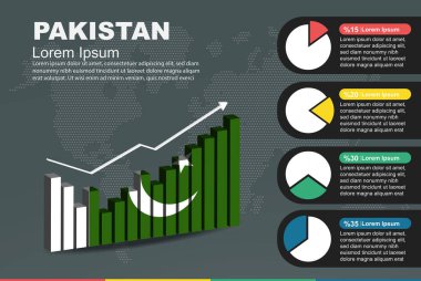 3 boyutlu bar ve pasta grafikli Pakistan bilgileri, artan değerler, 3 boyutlu bar grafiğinde Pakistan bayrağı, inişler ve çıkışlar, sunum grafik fikri, gelişmekte olan ülke