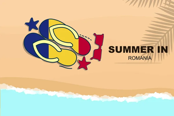ルーマニアの夏休みベクトルバナー ビーチバケーションのコンセプト フリップは 砂の上にサングラスヒトデ コピースペースエリア ルーマニアの夏の旅行や旗と観光のアイデア — ストックベクタ