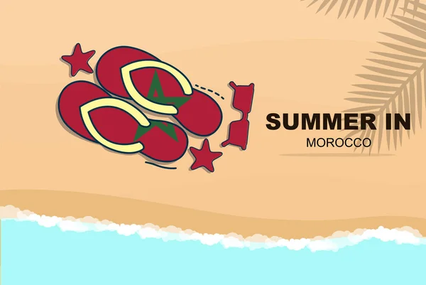 モロッコの夏休みベクトルバナー ビーチバケーションのコンセプト フリップフロップサングラスヒトデ砂 コピースペースエリア モロッコの夏の旅行と旗と観光のアイデア — ストックベクタ