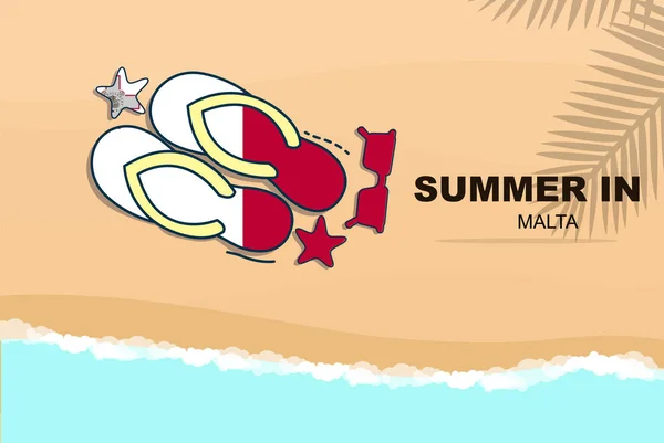 マルタ夏休みベクトルバナー ビーチ休暇のコンセプト フリップフロップサングラスヒトデ砂 コピースペースエリア マルタ夏旅行と旗と観光のアイデア — ストックベクタ