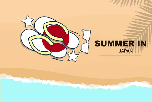 日本の夏休みベクトルバナー ビーチバケーションコンセプト フリップフロップサングラスヒトデ砂 コピースペースエリア 日本の夏旅行と旗と観光のアイデア — ストックベクタ