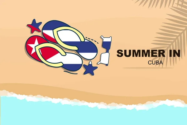 キューバの夏の休日のベクトルバナー ビーチの休暇のコンセプト フリップフロップサングラスヒトデ砂 コピースペースエリア キューバの夏の旅行や旗と観光のアイデア — ストックベクタ