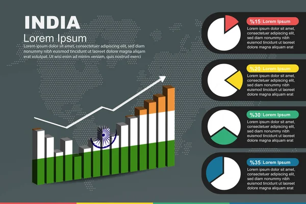 Infographie Inde Avec Graphique Barres Secteurs Valeurs Croissantes Drapeau Pays — Image vectorielle