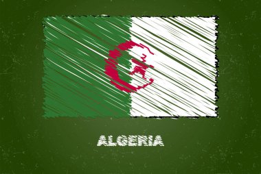 Yeşil tebeşir tahtası üzerinde tebeşir etkisi olan Cezayir bayrağı, el çizimi ülke bayrağı konsepti Cezayir bayrağı taşıyan yeşil karatahta, tebeşir dokusu, çocuklar için bayrak, sınıf materyali