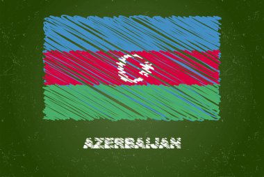 Yeşil tebeşir tahtasında tebeşir etkisi olan Azerbaycan bayrağı, el çizimi ülke bayrağı konsepti, Azerbaycan bayrağı olan yeşil karatahta, tebeşir deseni, çocuklar için bayrak, sınıf malzemesi