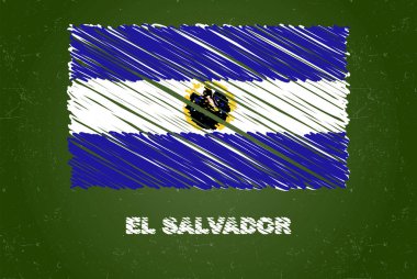 El Salvador bayrağı üzerinde tebeşir etkisi, el çizimi ülke bayrağı konsepti, El Salvador bayraklı yeşil karatahta, tebeşir desenli, çocuklar için bayrak, sınıf malzemesi