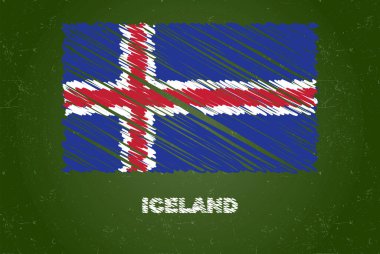 Yeşil tebeşir tahtası üzerinde tebeşir etkisi olan İzlanda bayrağı, el çizimi ülke bayrağı konsepti, İzlanda bayraklı yeşil karatahta, tebeşir deseni, çocuklar için bayrak, sınıf malzemesi