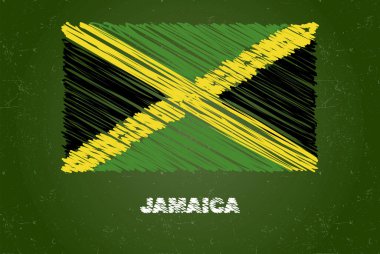 Yeşil tebeşir tahtası üzerinde tebeşir etkisi olan Jamaika bayrağı, el çizimi ülke bayrağı konsepti, Jamaika bayraklı yeşil karatahta, tebeşir deseni, çocuklar için bayrak, sınıf malzemesi