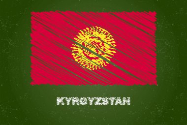 Kırgızistan bayrağı üzerinde tebeşir etkisi, el çizimi ülke bayrağı konsepti, Kırgızistan bayrağı olan yeşil karatahta, tebeşir dokusu, çocuklar için bayrak, sınıf malzemesi