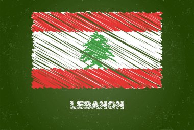Yeşil tebeşir tahtası üzerinde tebeşir etkisi olan Lübnan bayrağı, el çizimi ülke bayrağı konsepti, Lübnan bayrağı olan yeşil karatahta, tebeşir deseni, çocuklar için bayrak, sınıf malzemesi
