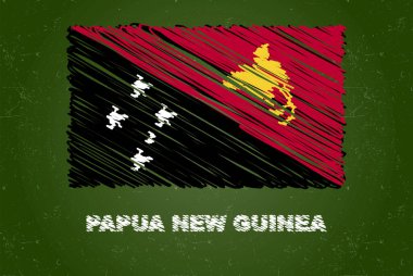 Yeşil karatahta üzerinde tebeşir etkisi olan Papua Yeni Gine bayrağı, el çizimi ülke bayrağı konsepti, Papua Yeni Gine bayrağı olan yeşil karatahta, tebeşir deseni, çocuklar için bayrak, sınıf malzemesi