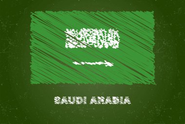 Yeşil tebeşir tahtasına tebeşir etkisi olan Suudi Arabistan bayrağı, el çizimi ülke bayrağı konsepti Suudi Arabistan bayrağı, tebeşir dokusu, çocuklar için bayrak, sınıf materyali