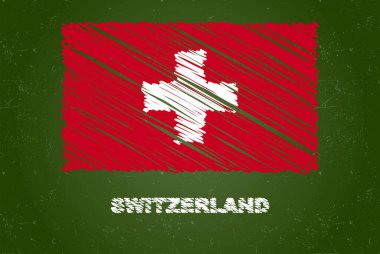 Üzerinde tebeşir etkisi olan İsviçre bayrağı, el çizimi ülke bayrağı konsepti, İsviçre bayrağı olan yeşil karatahta, tebeşir dokusu, çocuklar için bayrak, sınıf malzemesi