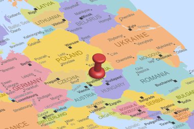 Avrupa haritasında kırmızı raptiyeli Slovakya, Slovakya 'yı kapat, hedefe kilitlen, seyahat fikri, konum simgesi, tatil ve yolculuk konsepti ile renkli harita, üst görünüm