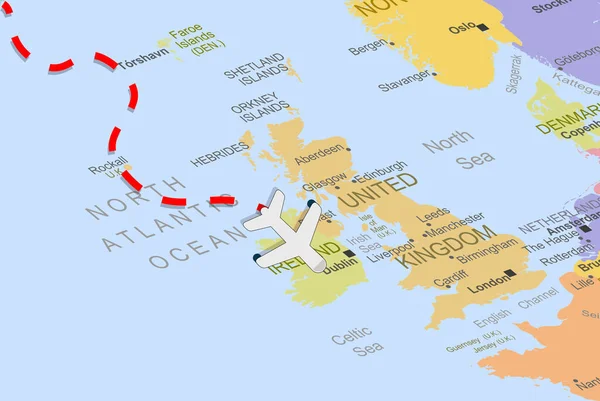 爱尔兰与飞机和虚线在欧洲地图上 关闭爱尔兰 度假和公路旅行的概念 固定的目的地 旅行的想法 彩色地图与位置图标 顶部视图 — 图库矢量图片