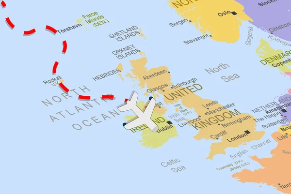 Irlanda Con Aereo Linea Tratteggiata Sulla Mappa Europa Primo Piano — Vettoriale Stock