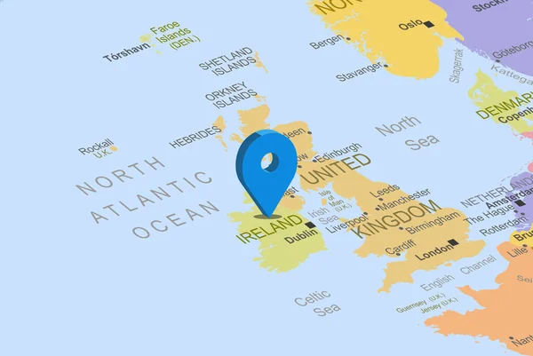 アイルランドヨーロッパ地図上の青いプレースホルダーピンを持つ アイルランドを閉じる 位置アイコンを持つカラフルな地図 旅行のアイデア 休暇や道路旅行のコンセプト 固定先 トップビュー — ストックベクタ